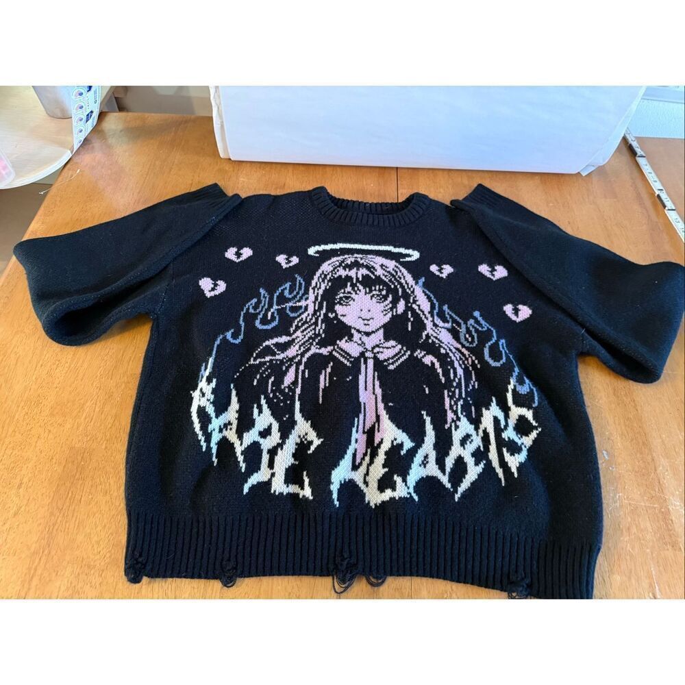 PacSun Rare Hearts Cropped Sweater anime jacquard print SZ S